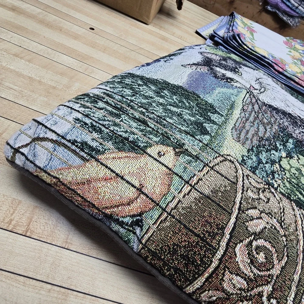 Vintage Tapestry Throw Pillow Cat Bird Garden 16